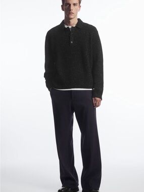 COS Navy Ribbed Knit Button-Front Sweater